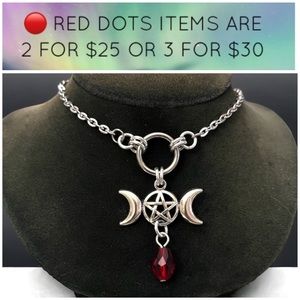 🔴 stainless steel chain & Silver plated moon phase pentagram charm red crystal